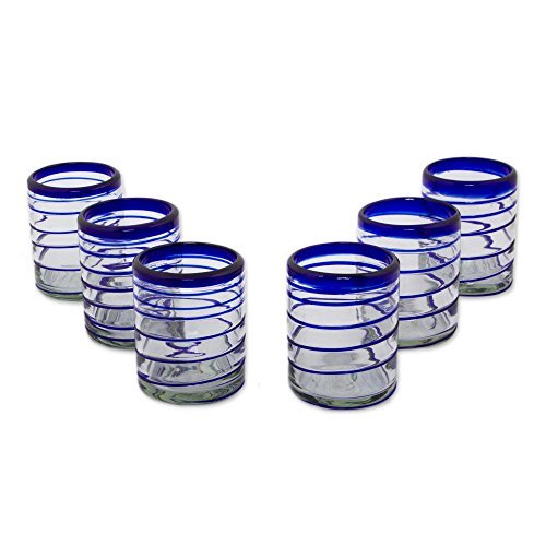 NOVICA-Blue Clear Glass Hand Blown Cocktail Glasses -Set of 6
