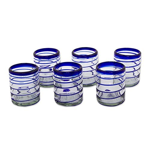 NOVICA-Blue Clear Glass Hand Blown Cocktail Glasses -Set of 6