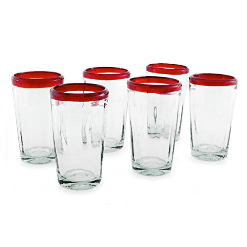 NOVICA-Set of 6 Clear Red Hand Blown Glass Eco-Friendly Tumblers - Ruby Groove 