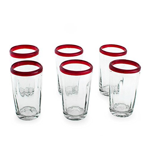 NOVICA-Set of 6 Clear Red Hand Blown Glass Eco-Friendly Tumblers - Ruby Groove 