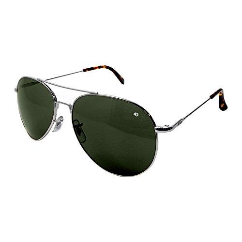 AO Eyewear-AO Eyewear American Optical - General Aviator Sunglasses with Wire Spatula Temple and Silver Frame, Calobar Green Glass Lens