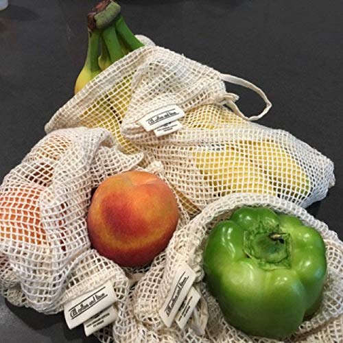 All Cotton and Linen-Natural Cotton Mesh is Biodegradable - Reusable Mesh Produce Bags - Organic Cotton Bags for Shopping Fruit And Vegetable - Mesh Produce Storage Bag - Double-Stitched Strength - Set of 6 Medium